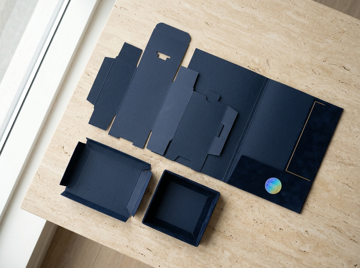 Die-cut packaging carton net, laminated presentation folder, and holographic security foil seal