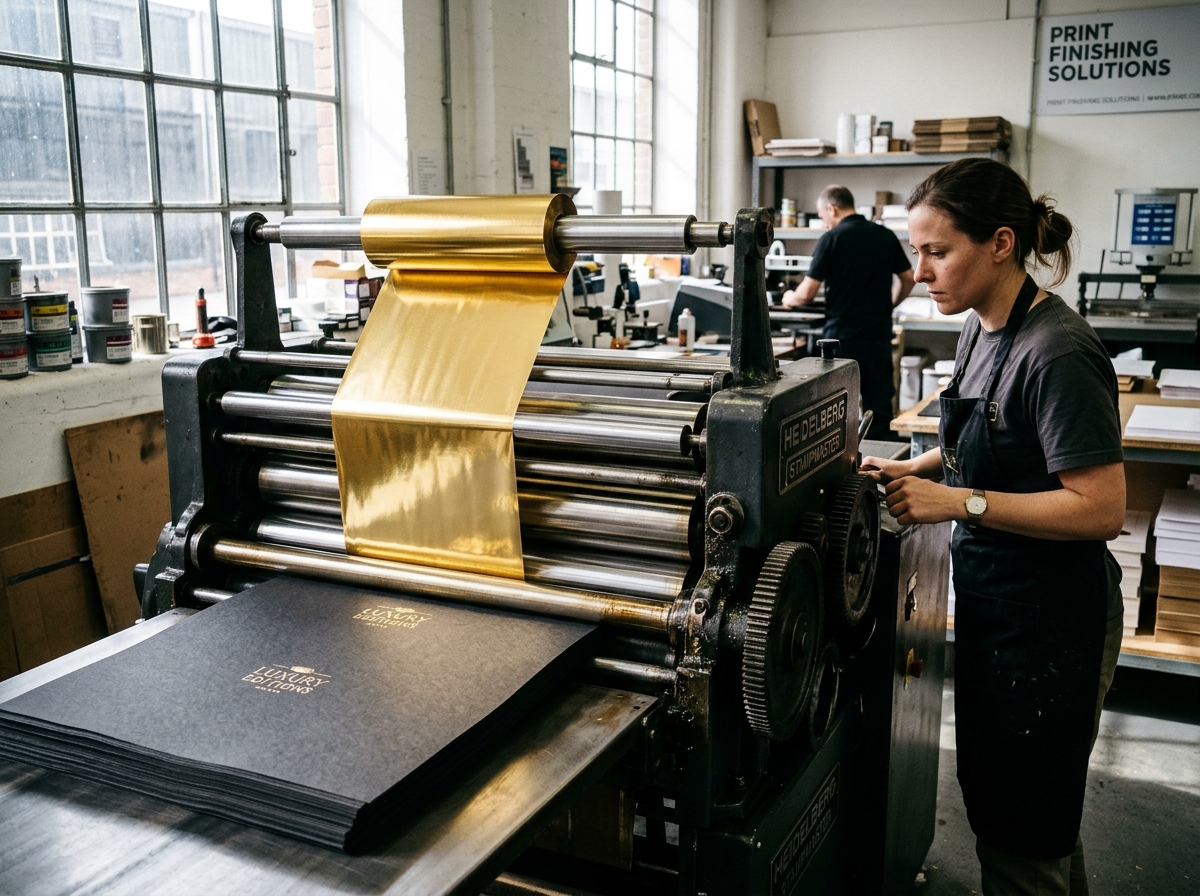 Metallic gold stamping foil roll mounted on a traditional hot foil blocking press